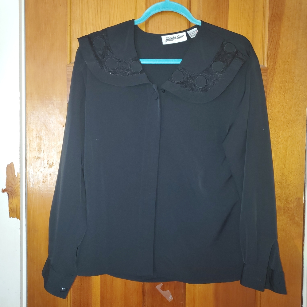 Vintage 80's Yves St. Clair Black Blouse with Embroidered Collar